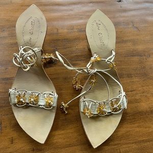 Don Ciccillo gold lace up leather sandals with beaded flower & wood heels Sz 40
